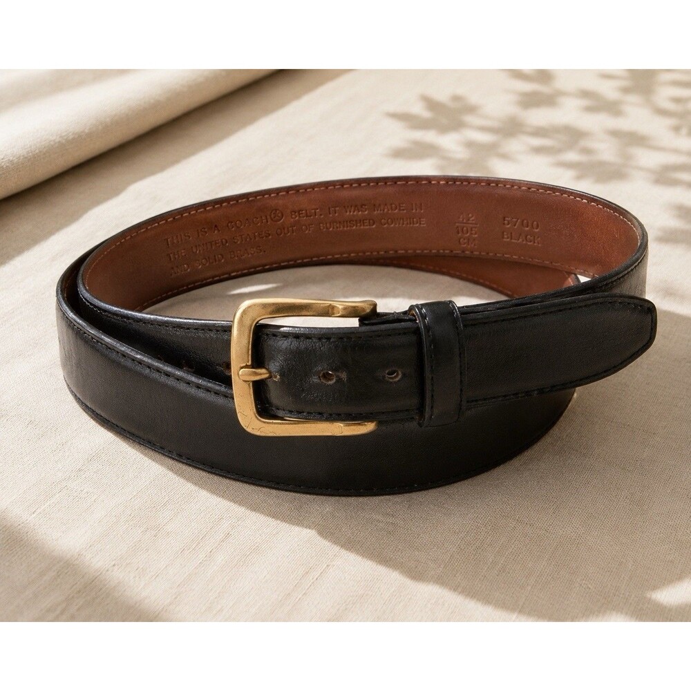 Vintage Coach Black Burnished Cowhide Leather Belt Solid Brass USA Made Size 42
